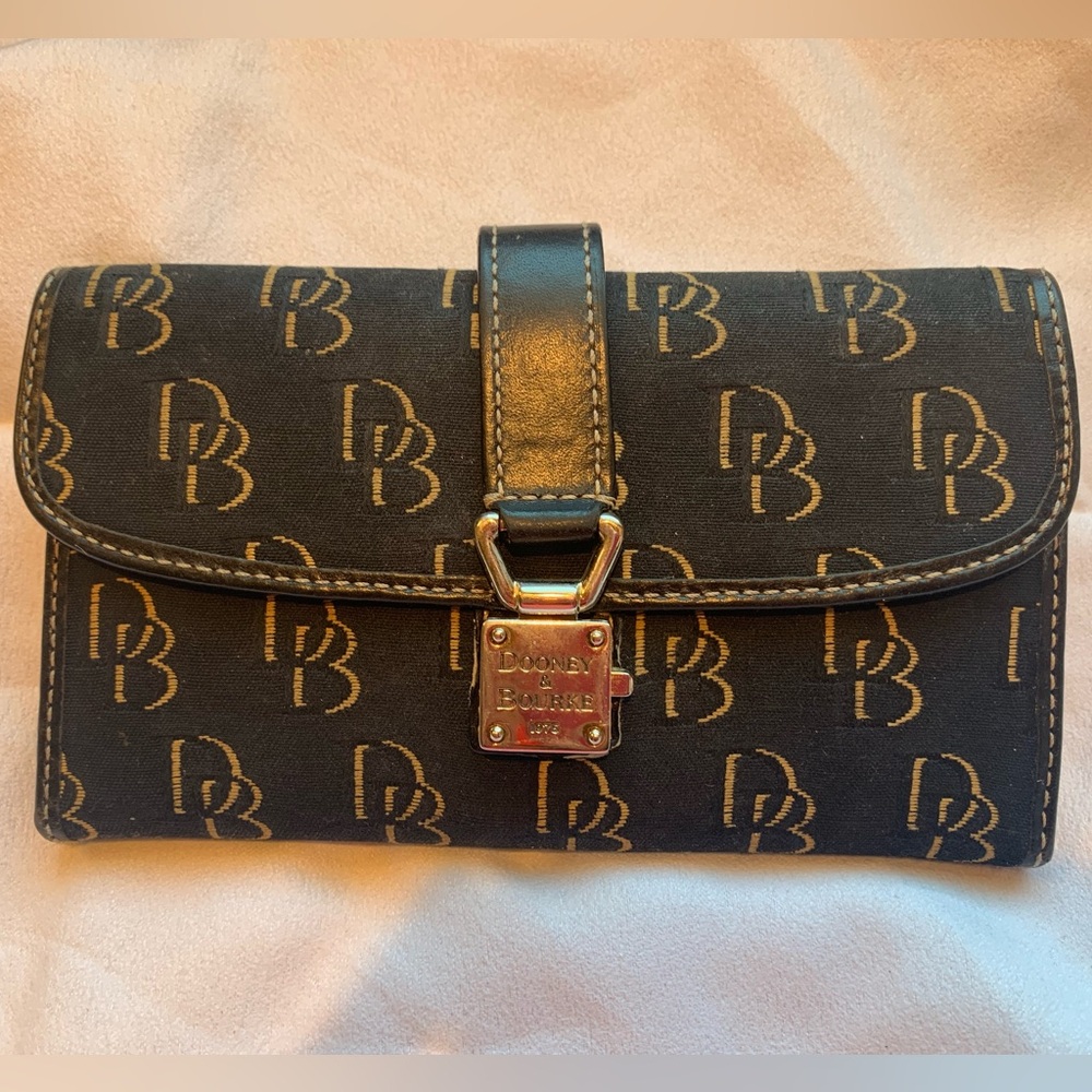 Dooney & Bourke Black and Tan DB Logo Leather and Canvas Wallet
